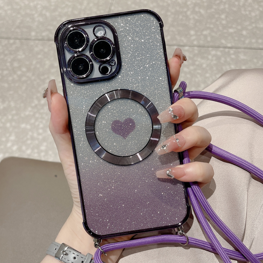 Glitzer/Herz MagSafe/Magnet Hülle/Case zum Umhängen (Inkl. Kordel) für  iPhone
