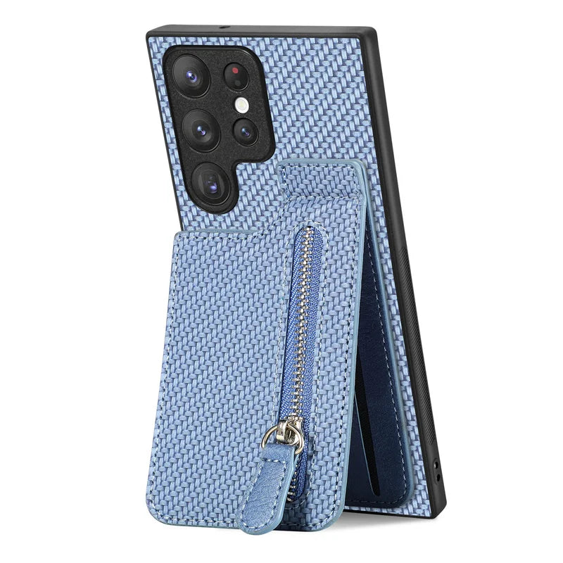 Kunstleder Carbon Optik Kartenfach/Wallet Hülle/Case mit integriertem Ständer für Samsung Galaxy S26, S26 Plus, S26 Ultra