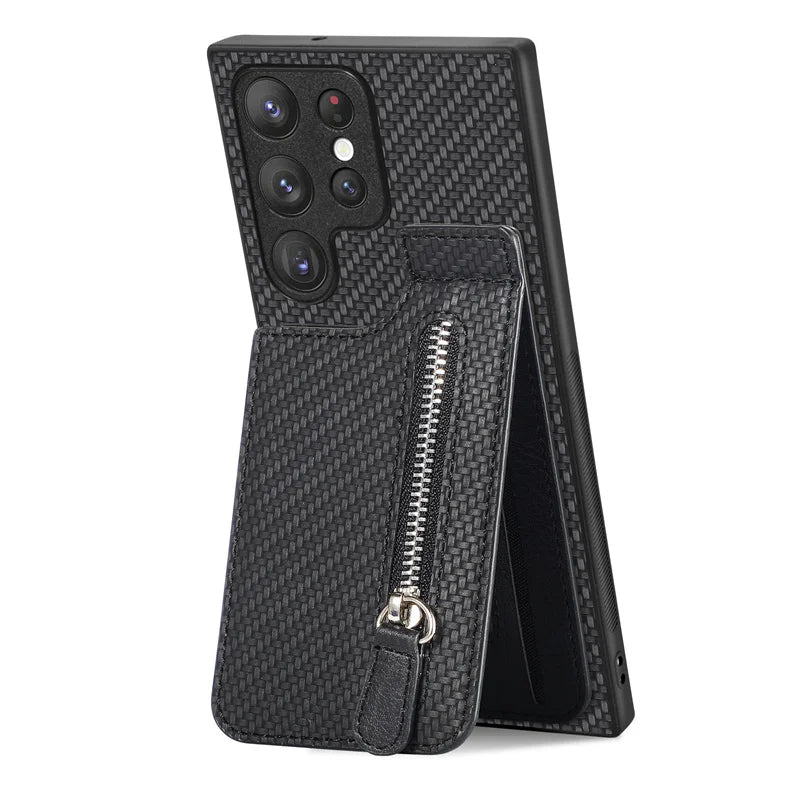 Kunstleder Carbon Optik Kartenfach/Wallet Hülle/Case mit integriertem Ständer für Samsung Galaxy S26, S26 Plus, S26 Ultra