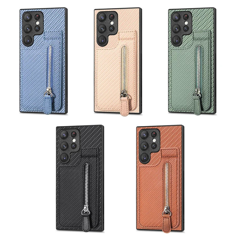 Kunstleder Carbon Optik Kartenfach/Wallet Hülle/Case mit integriertem Ständer für Samsung Galaxy S26, S26 Plus, S26 Ultra