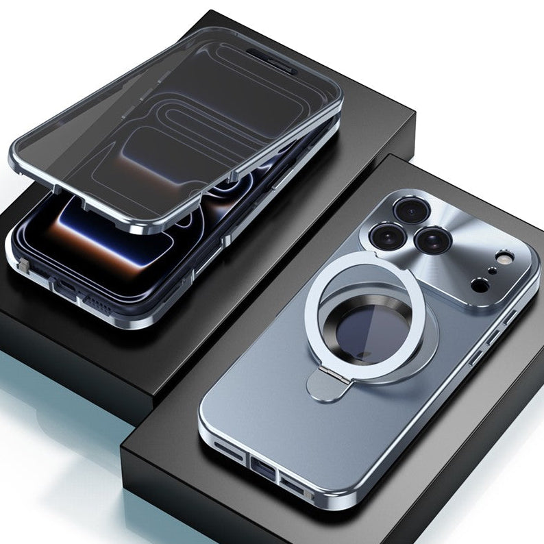 360° MagSafe/Magnet [SICHTSCHUTZ 9H-Glas] Aluminium Vollschutz Hülle/Case mit integriertem Ständer und Kameraabdeckung für iPhone 17 Pro, 17 Pro Max