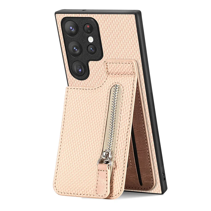 Kunstleder Carbon Optik Kartenfach/Wallet Hülle/Case mit integriertem Ständer für Samsung Galaxy S26, S26 Plus, S26 Ultra