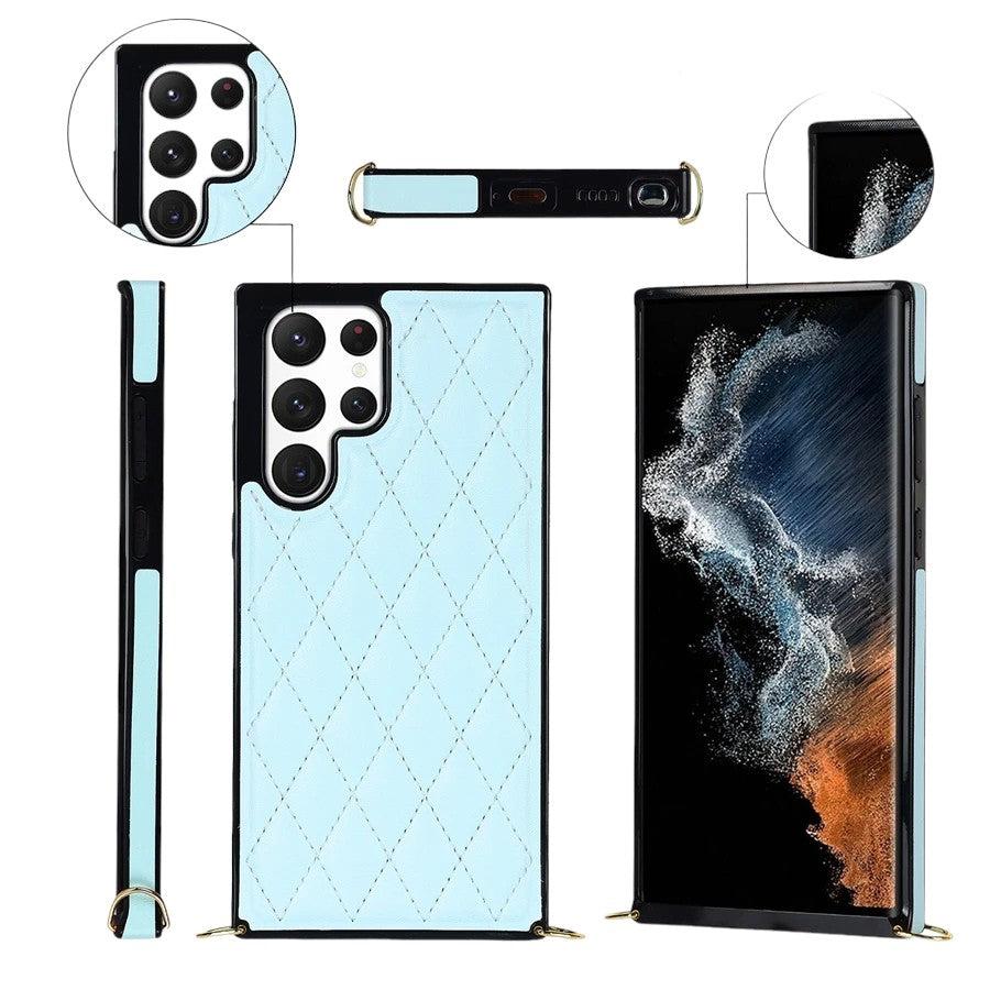 Karierte Kunstleder Hülle/Case zum Umhängen (Inkl. Edelstahl Kordel) für Samsung Galaxy S24, S24, S3 FE, Note-Serie | ZITOCASES®