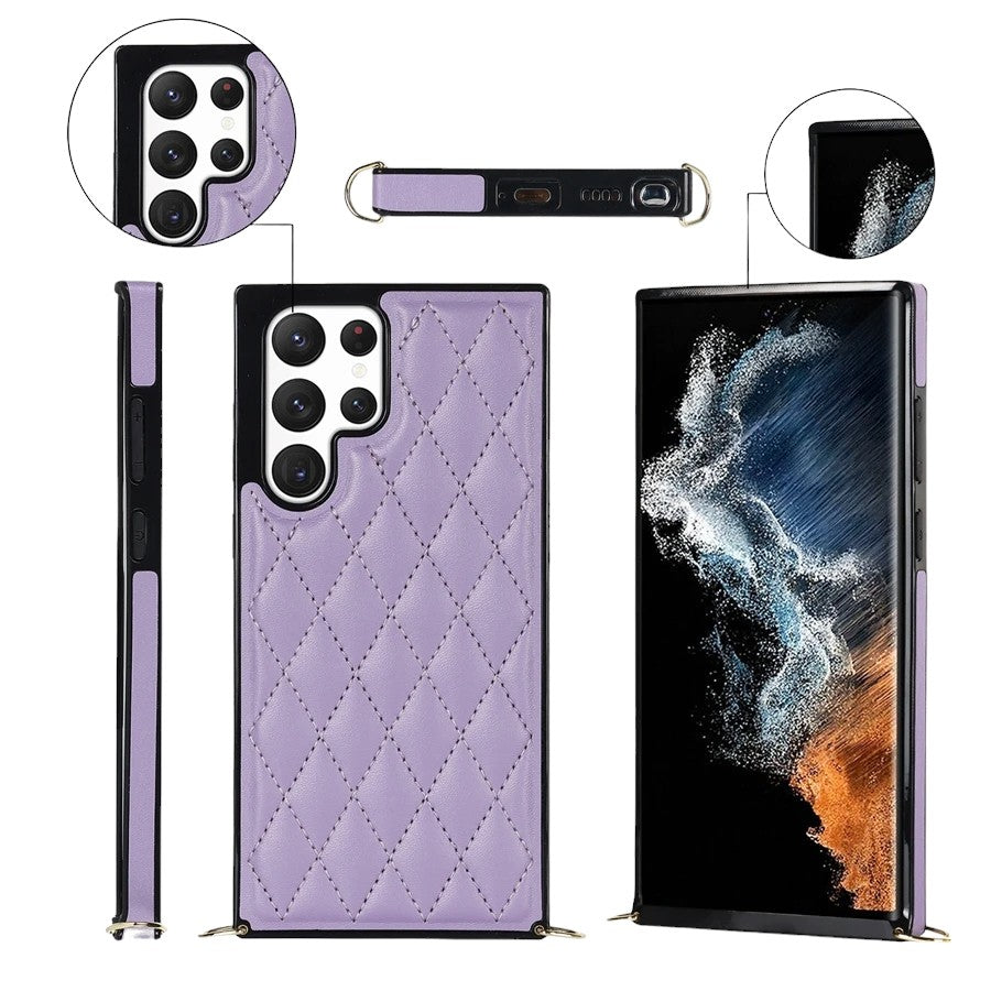 Karierte Kunstleder Hülle/Case zum Umhängen (Inkl. Edelstahl Kordel) für Samsung Galaxy S24, S24, S3 FE, Note-Serie | ZITOCASES®