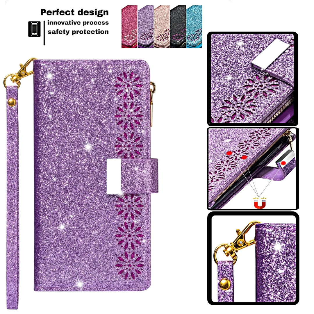 Glitzer/Blumen Kunstleder Klapp Hülle/Flip Case für Vivo X200, X200 Pro, X100, X100 Pro, X100 Ultra, X90, X90 Pro, X90 Pro Plus, X60, V20SE, V21, V40, V40 Lite, V40 Pro, V40 SE, Y28, Y70, Y72 | ZITOCASES®