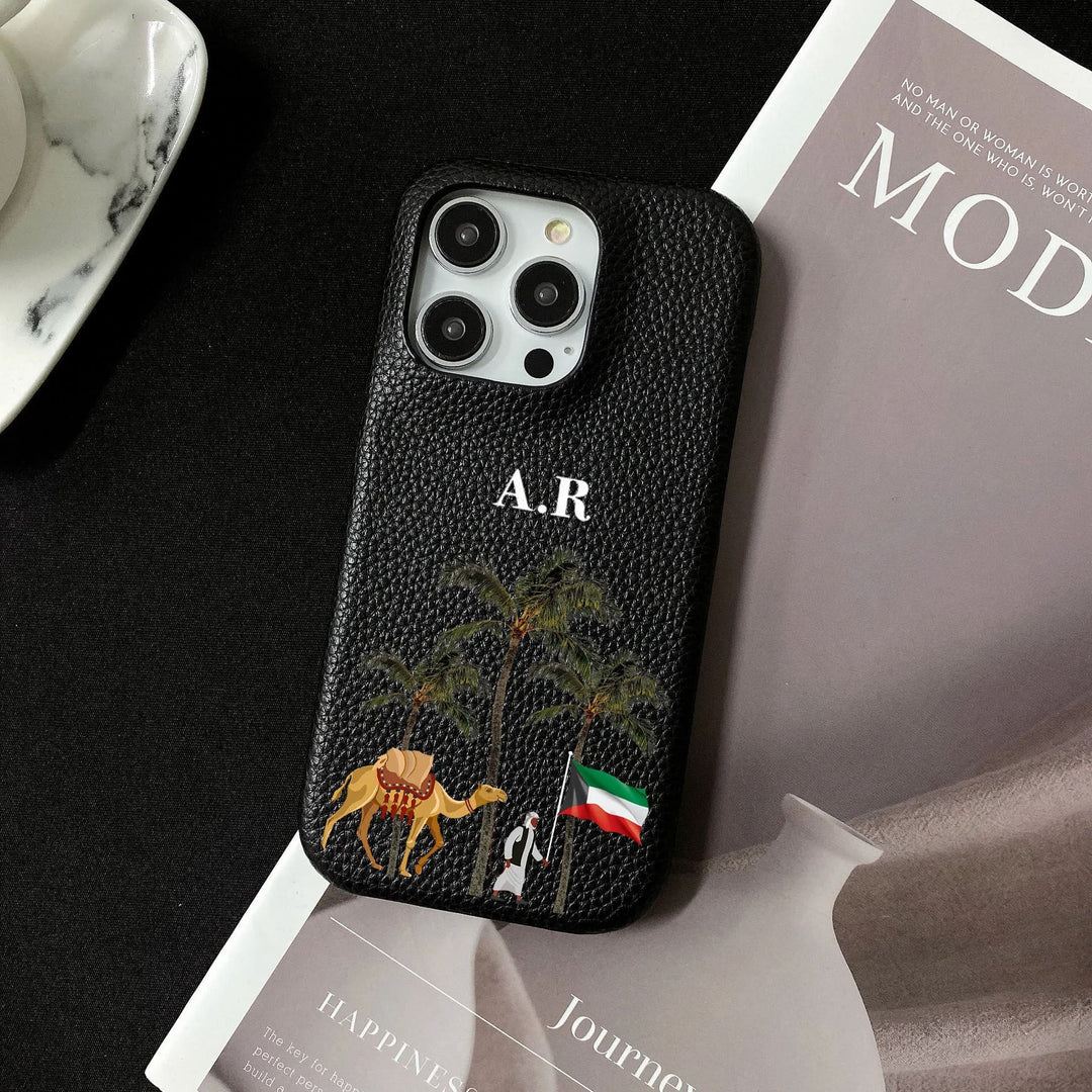 Personalisierte Dubai/Palmen/VAE Kunstleder Hülle/Case mit individuellem Namen/Wort für iPhone 15, 14-Serie | ZITOCASES®