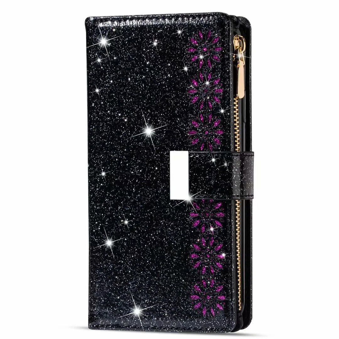 Glitzer/Blumen Kunstleder Klapp Hülle/Flip Case für Vivo X200, X200 Pro, X100, X100 Pro, X100 Ultra, X90, X90 Pro, X90 Pro Plus, X60, V20SE, V21, V40, V40 Lite, V40 Pro, V40 SE, Y28, Y70, Y72 | ZITOCASES®