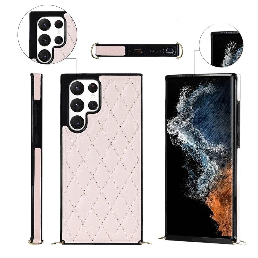 Karierte Kunstleder Hülle/Case zum Umhängen (Inkl. Edelstahl Kordel) für Samsung Galaxy S25, S25 Plus, S25 Ultra, S24, S24 Plus, S24 Ultra, S24 FE, S23 FE, S23, S23 Plus, S23 Ultra, S22, S22 Plus, S22 Ultra, S21 FE, S21, S21 Plus, S21 Ultra, S20, S20 Plus | ZITOCASES®