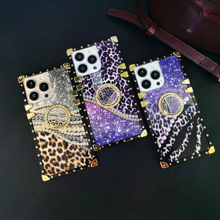 Luxus Leopard/Glitzer Plastik Hülle/Case inkl. Ring für iPhone 16, 15, 14, 13-Serie | ZITOCASES®